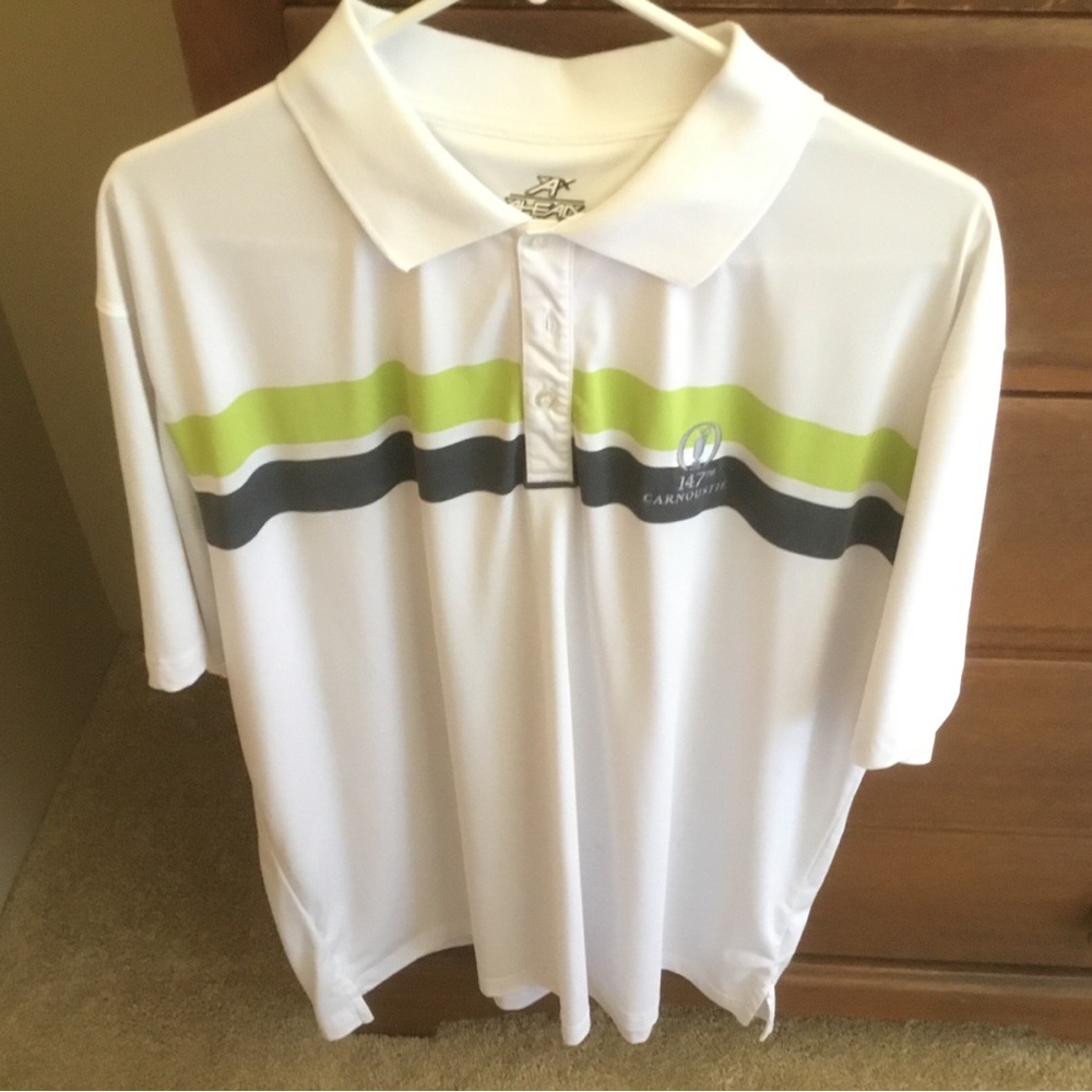 AHead XL Carnoustie Golf Polo, white w/green & gray stripes.